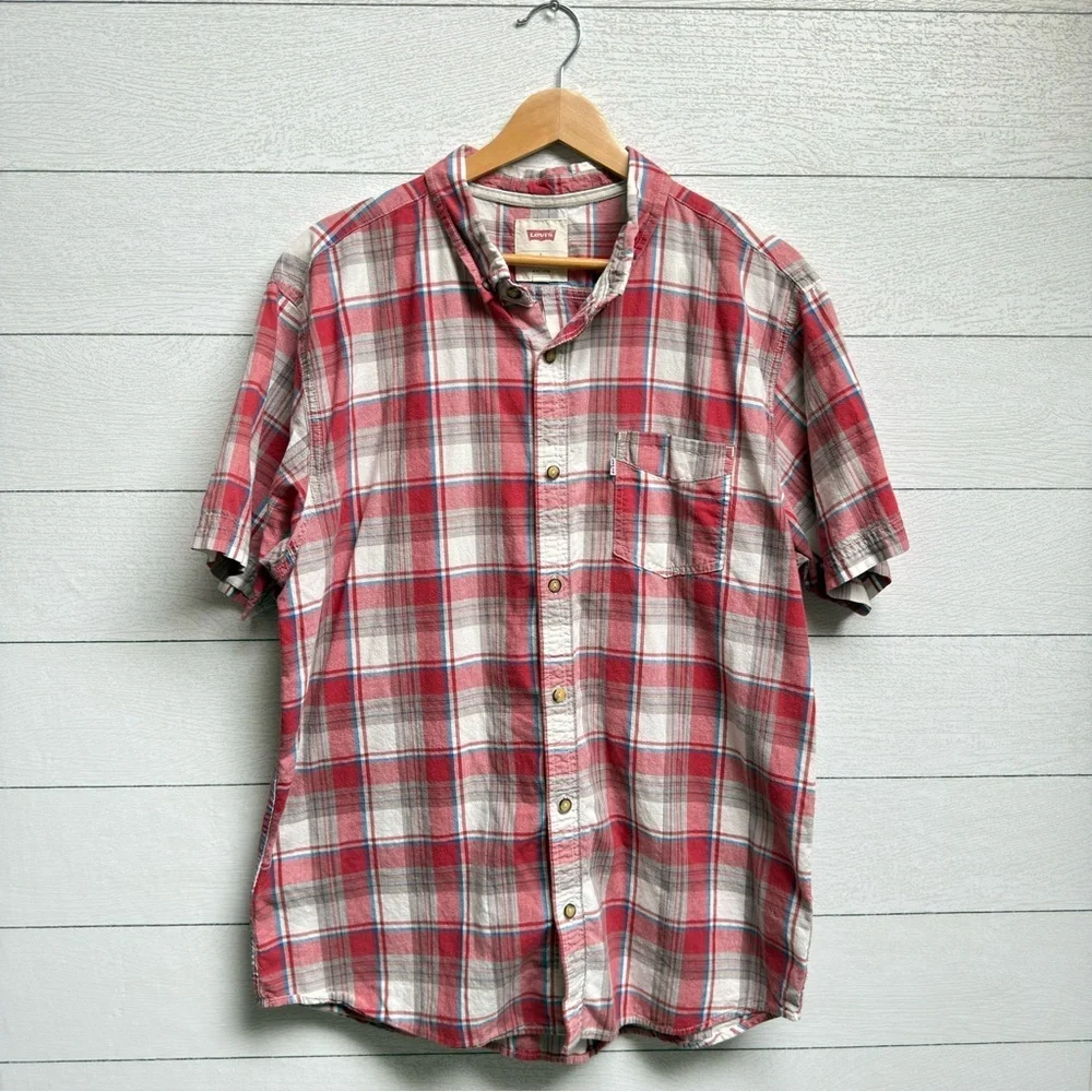 Levi’s | Cotton Red White Blue Plaid Short Sleeve Shirt – Vintage Americana | LG